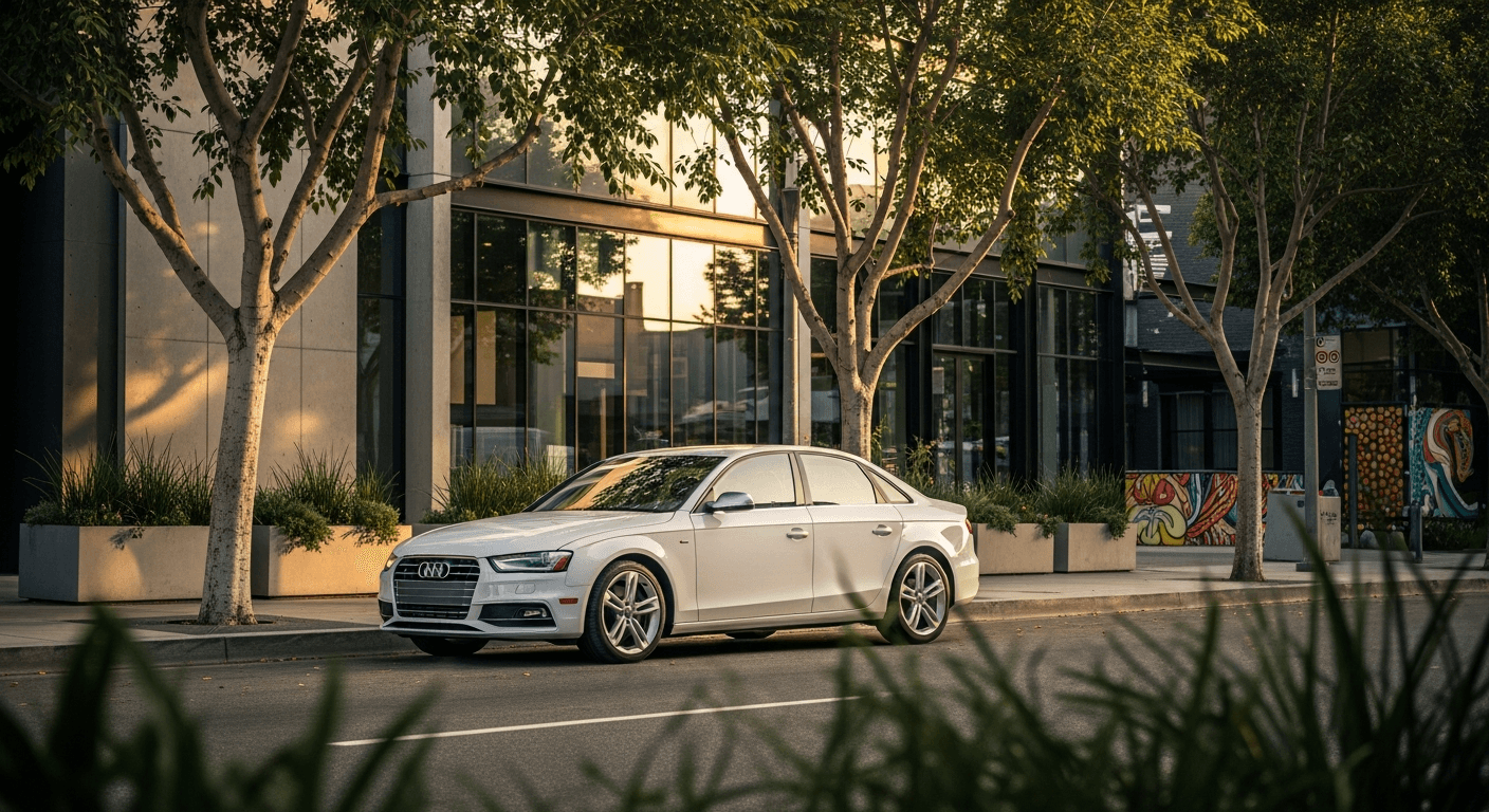 White Audi on a tree-lined Culver City street