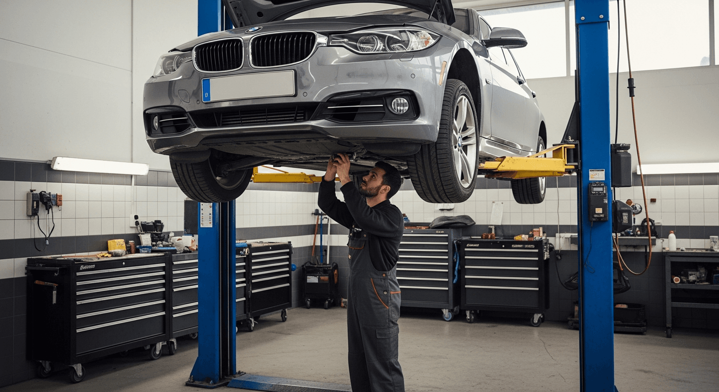 Mechanic inspecting a BMW on a lift