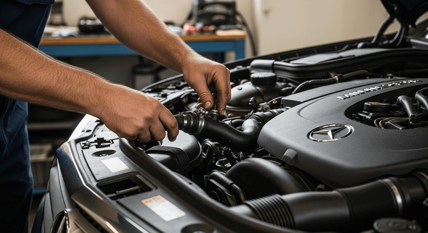 Mechanic working on a Mercedes-Benz engine