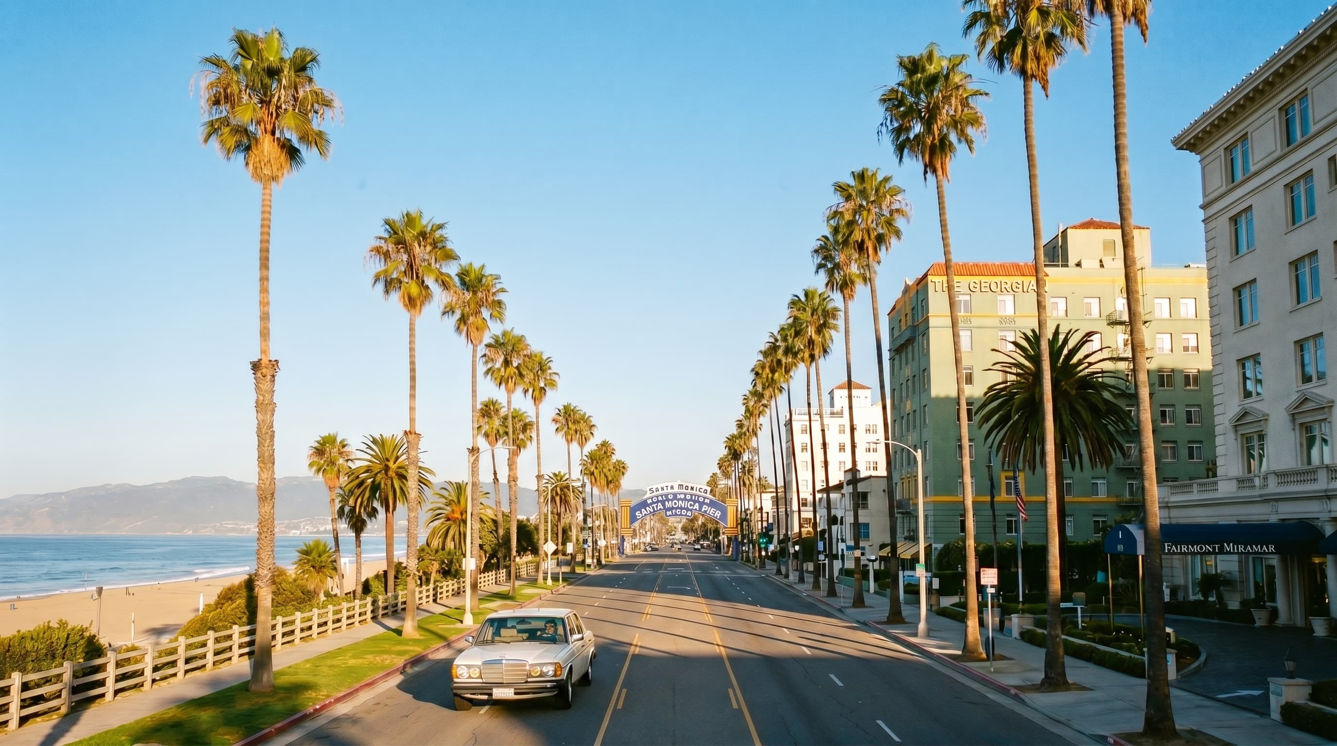 Classic Mercedes on a palm-lined Santa Monica street