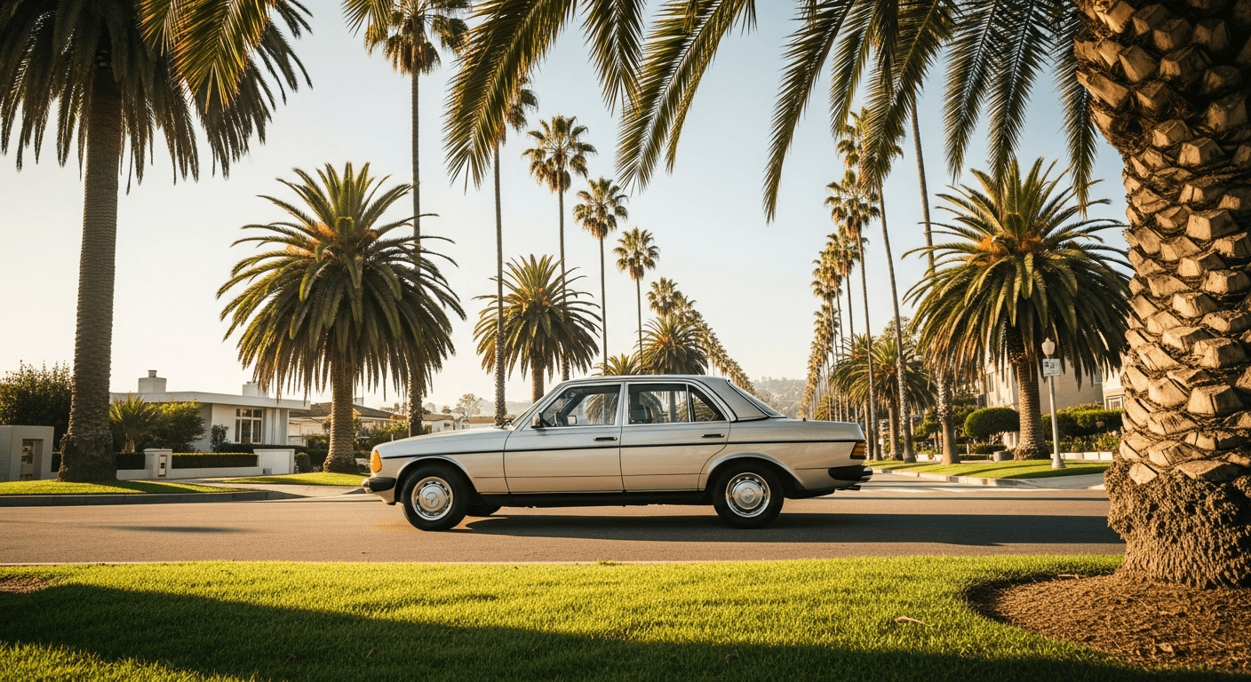 Classic Mercedes on a palm-lined Santa Monica street