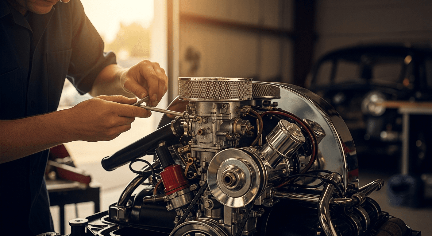 Mechanic tuning a classic Volkswagen engine